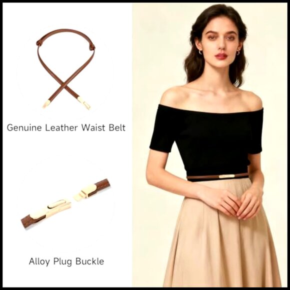 Genuine Leather Skinny Belt Classic Elegant Adjustable Thin Waist Belt Gold
